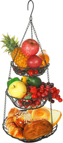 3 Tier Hanging Basket with Sturdy Metal Chain Hanging Hooks Fruit and Vegetable Basket Heavy Duty Wire Organizer Space Saving Rustic Country Style Kitchen Storage by CozyNest Decor