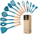 Kitchen Utensils Set, 13PCS Silicone Cooking Utensils, Heat Resistant Kitchen Utensil Spatula Set for Nonstick Cookware, Wooden Handles Kitchen Gadgets Tools Set (BLUE) by CozyNest Decor