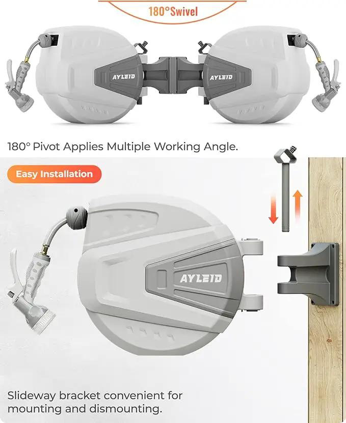 Ayleid Retractable Garden Hose Reel,1/2 in x 65 ft Wall Mounted Hose Reel, with 9- Function Sprayer Nozzle, Any Length Lock/Slow Return System/Wall Mounted/180°Swivel Bracket (Grey), photo 7 of 8