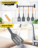 Pack of 4 Silicone Cooking Utensils Set, Non Stick Solid Spatulas and Heat Resistant Slotted Spoons with Wooden Handle, Ideal Wood Kitchen Utensils Set for Frying,Serving,Turning,Stirring (GRAY) by CozyNest Decor