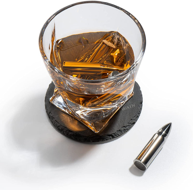 Whiskey and Spirits Gifts for Men Dad Luxurious Twist Glasses with Whiskey Stones - 2 10oz Twist Whiskey Glasses, Tongs, 4 Chilling Rocks Stones - Army Crate Box - US Army, Veteran Military (Bullets)