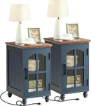 Narrow Side Table Set of 2,Farmhouse Nightstand with Charging Station,End Table with Glass Barn Door Storage, Cabinet Organizer with Adjustable Shelf, Night Stand for Small Spaces Living Room Bedroom by CozyNest Decor