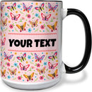 Personalized Mug for Kids - Butterflies - Custom Name/Text, Ceramic Hot Chocolate/Cocoa/Coffee Cup for Girls, Birthday/Christmas/Holiday Gift - 15 oz, Black Handle by TinyTreasures Baby Boutique