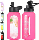 32 oz Glass Water Bottle with Straw and Handle, Sports Motivational Water Flask with Silicone Sleeve, Large Leakproof Water Flask Cup with Time Marker for Travel, Gym, Hot Pink by CozyNest Decor