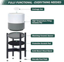 D'vine Dev Ceramic Planter with Ebony Stand - 12 Inch Modern Round Flower Pot with Wood Planter Holder, White/Grey, 55-B-H-6 by GreenHaven Gardens