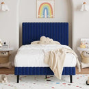 Twin Bed Frame, Velvet Upholstered Platform Bed with Vertical Channel Tufted Headboard and Footboard, No Box Spring Required, Easy Assembly, Blue by CozyNest Decor