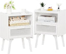 Lerliuo Rattan Nightstands Set of 2, Side Table with Drawer Open Shelf, Cane Accent Bedside End Table with Solid Wood Legs, Mid Century Modern Night Stand for Bedroom, Dorm and Small Spaces (White) by CozyNest Decor