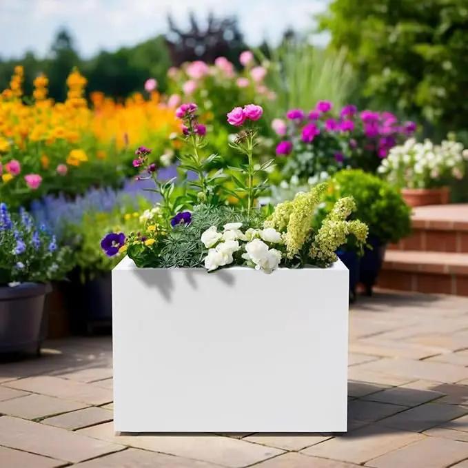 Metal Planter Box Rectangular Block-No Installation Required Galvanized Steel Long Box Planter Modern Outdoor Planters All-Weather Use with Drainage Holes for Patio/Porch,16 ×12×12IN（White）, photo 5 of 6