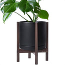 D'vine Dev Ceramic Planter with Walnut Color Stand - 12 Inch Modern Round Flower Pot with Wood Planter Holder, Black, 55-B-W-2 by CozyNest Decor