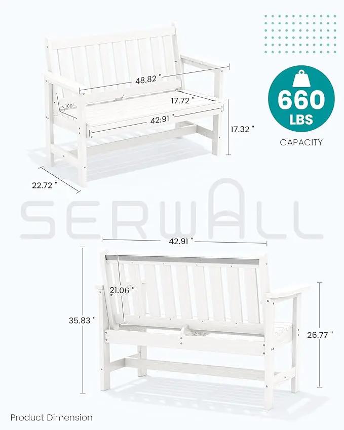 SERWALL Outdoor Bench, HDPE Outdoor Benches Weatherproof, 2-Person Garden Bench with 660 lbs Weight Capacity, Patio Benches for Outdoors, Garden, Porch, Backyard and Park, White, 2 Pack, photo 3 of 9