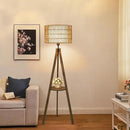 Boho Tripod Floor Lamps for Living Room, Rattan Wood Floor Lamp with Fabric Shades, Mid Century Standing Lamp with Shelf, Foot Switch, Modern Farmhouse Tall Lamps for Bedroom Office Brown by CozyNest Decor