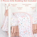 GFU Crib Bedding Set for Girls 4-Piece, Bow Baby Girl Crib Bedding Set Pink Flowes, Nursery Sets Includes Comforter, Fitted Crib Sheet, Crib Skirt, and Diaper Stacker by TinyTreasures Baby Boutique
