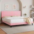 King Size Bed Frame with Headboard, Velvet Upholstered Platform Bed with Vertical Channel Tufted Design, No Box Spring Required, Easy Assembly, Pink by CozyNest Decor