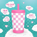 Kid Insulated Stainless Steel Tumbler with Silicone Straw, 12oz Sippy Cup for Kids (Pink Checkerboard) by TinyTreasures Baby Boutique