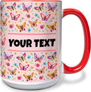 Personalized Mug for Kids - Butterflies - Custom Name/Text, Ceramic Hot Chocolate/Cocoa/Coffee Cup for Girls, Birthday/Christmas/Holiday Gift - 15 oz, Red Handle by TinyTreasures Baby Boutique