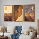 Tinonedraw Boho Mountain Framed Canvas Wall Art Set, Mid Century Modern Geometric Line Wall Decor, Bohemian Sun and Moon Art Paintings, Beige Brown Wooden Artwork for Living Room Bedroom Office 16"x24"x3 by CozyNest Decor