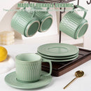 Large Cappuccino Cups with Saucers Set of 4, 8 Ounce Stackable Embossed Ceramic Coffee Mugs for Specialty Coffee Drinks, Latte, Cafe Mocha and Tea, Dishwasher & Microwave Safe (Green) by CozyNest Decor