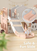 8 in 1 Toddler Slide, Kids Climber Slide with Storage Space and Non-Slip Steps, Indoor Outdoor Playset with Basketball Hoop and Telescope, Slide for Toddlers Age 1-3, Pink White by TinyTreasures Baby Boutique