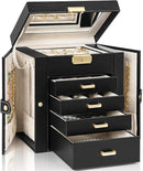 AKOZLIN 5-Tier Jewelry Box Leather Jewelry Storage Organizer with 4 Drawers Lockable for Women Girls Ring Necklace Earring Bracelet Watches Holder with Mirror Black by TinyTreasures Baby Boutique