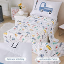 PERFEMET 4 Pcs Toddler Bedding Set - Soft Reversible Cars, Bus, Trucks Print Toddler Bed Set for Boys & Girls - Matching Sheet Set (Light Grey, Taxis/Bus/Trucks) by TinyTreasures Baby Boutique