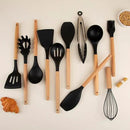 Silicone Cooking Utensils Set, Premium Beech Wood Handle Kitchen Gadgets Utensil Set, Non-Stick Kitchen Utensils Spatula, Tongs, Turner, Whisk, Brush, Spoon, BPA FREE, 446°F Resistant (Black) by CozyNest Decor