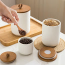 White Ceramic Canister Set with Wooden Lid, 3-Piece Food Storage Jars for Kitchen Counter, Storage Container for Coffee, Tea, Spice, Sugar, Grains, Salt by CozyNest Decor