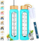 32 oz Glass Water Bottle with Straw - Motivational Time Marker & Silicone Sleeve - Reusable Tumbler Includes 2 Bamboo Lids & Fruit Infuser - 1 Pack by CozyNest Decor