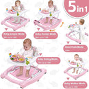 Foldable Baby 5-in-1 Activity Walker - Rocker, Activity Center, Bouncer, Seat Walker, Push Walker - Adjustable Speed Rear Wheels and Height Toys Ages 6-18 Months… (Pink) by TinyTreasures Baby Boutique