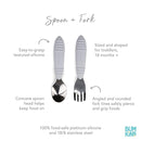 Bumkins Toddler Utensils, Kids Size Fork and Spoon Set, Silicone and Stainless-Steel Training Silverware, Angled Forks / Sporks for Self-Feeding, Children Hold Learning to Eat, 18 Months Up, Gray by TinyTreasures Baby Boutique