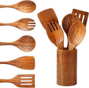 6 PCS Wooden Spoons for Cooking - Teak Wooden Cooking Utensils Set with Holder - Non-Stick, Soft Grip, Ergonomic Design - Natural Finish by CozyNest Decor