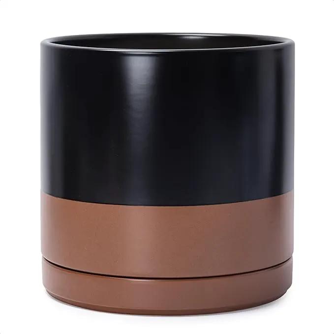 D'vine Dev 12 Inch Ceramic Planter Pot with Drainage Hole and Saucer, Indoor Cylinder Round Planter Pot, Black/Speckled Tan, 94-O-F-7