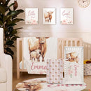 Personalized Baby Crib Bedding Set for Baby Girls, Pink Highland Cow Pattern Custom Name Baby Crib Sets 5-Pcs, Toddler Double Layer Blanket Fitted Sheets Changing Pad Cover Rug Wall Art Set by TinyTreasures Baby Boutique