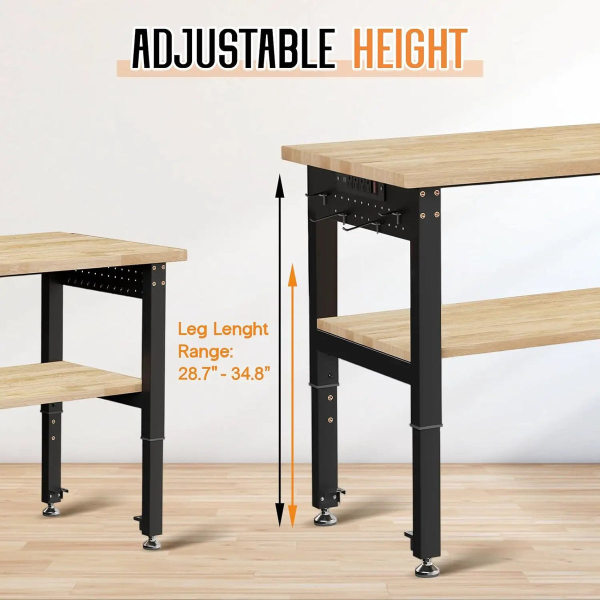 Albott 48" Adjustable 2-Tier Workbench with Solid Wood Top, Max 2000lbs Capacity, Built-in Power Strip with 4 AC Outlets & 2 USB Ports, Pegboard & 20 Hooks, Shop Garage Office, photo 5 of 6