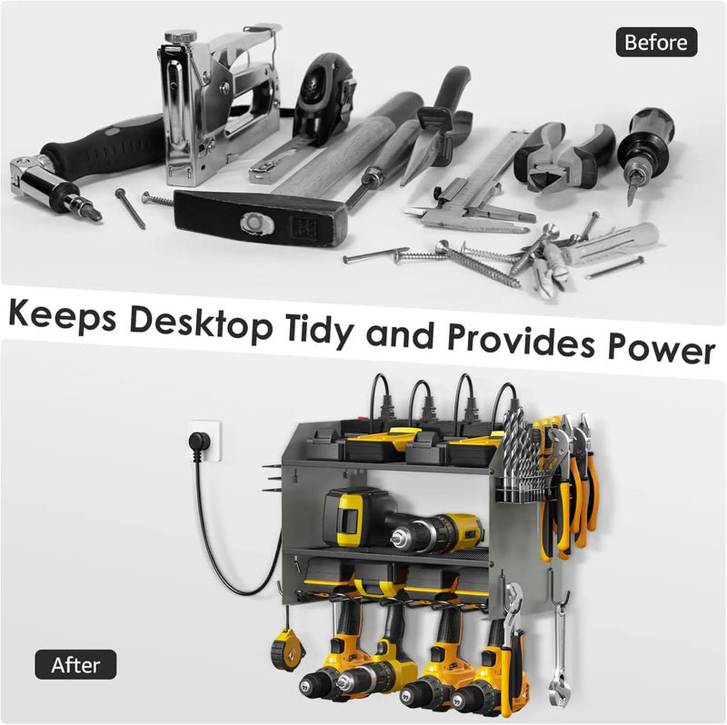 CCCEI Modular Power Tool Organizer Wall Mount with Charging Station. Garage 4 Drill Storage Shelf with Hooks, Drill Bit Heavy Duty Rack, Grey Tool Battery Holder Built in 8 Outlet Power Strip., photo 4 of 6
