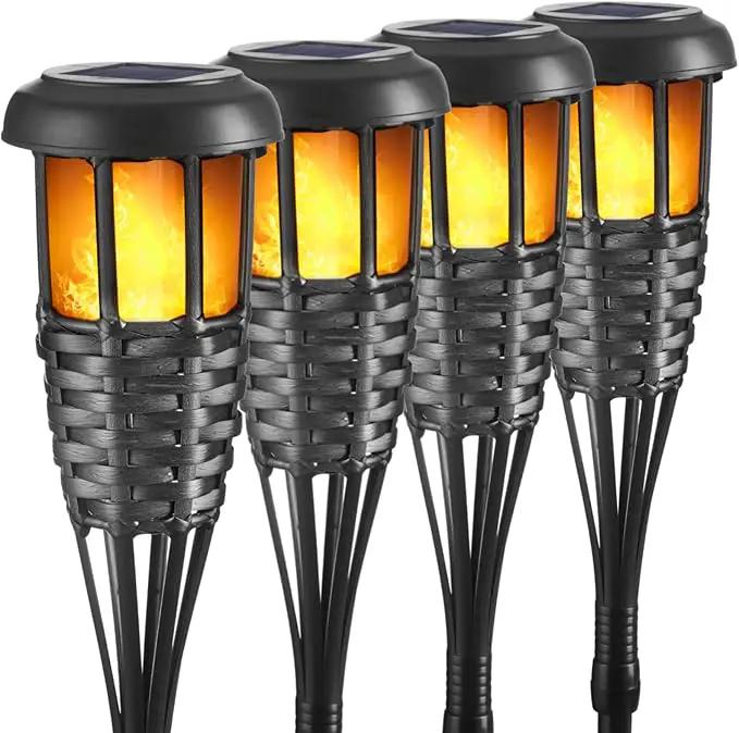Solar Torch Light with Flickering Flame, 4 Pack Waterproof Bamboo Torches Hand-Woven Rattan Solar Tiki Torches for Outside Patio Yard Garden Lawn (Black-4 Pack)