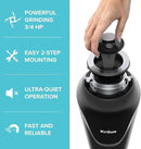 KRAUS WasteGuard 3/4 HP Ultra-Quiet Garbage Disposal with Quick Connect, Kitchen Sink Drain Cover, Power Cord and Flange Included, KWD100-75MBL by CozyNest Decor