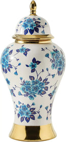 Ginger Jars for Home Decor, White and Gold Vase, Porcelain Ginger Jar Chinoiserie Blue and White Vase with Gold Trim and Floral Pattern, Ceramic Flower Vase for Home, Temple and Storage Jars(18in) by CozyNest Decor