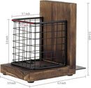 MyGift Rustic Burnt Wood Decorative Bookends for Heavy Books with Matte Black Metal Wire Basket Pencil Cup and Office Supplies Storage Baskets, 1-Pair by CozyNest Decor