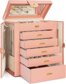 AKOZLIN Large Jewelry Box Organizer Functional Lockable with Big Mirror, Leather Jewelry Storage Case for Women Girls Ring Necklace Earring Bracelet Holder Organizer Pink by TinyTreasures Baby Boutique