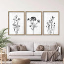 Flower Plant Wall Art Decor 16"x11" Set of 3 Black And White Botanical Painting Wood Framed For Minimalist Bedroom Office Rustic Living Room Abstract Wildflower Sign Hanging (Wood White) by CozyNest Decor