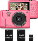 T TAKMLY Digital Camera 5K, Autofocus 16x Zoom 72MP Point and Shoot Cameras Compact Portable with Flash for Kids Boys Girls Teens Students, Anti Shake 2.8'' Screen, 64GB Card Include, Pink by TinyTreasures Baby Boutique