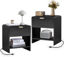 LEVNARY Nightstand with Charging Station, Mid-Century Modern Bedside Table with Curved Top Corners and Storage Drawer, Wooden End Table for Farmhouse Bedroom Living Room (1, Black) by CozyNest Decor