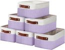 DULLEMELO Small Storage Baskets 6 Pack, Fabric Collapsible Gift Storage Baskets for Shelves, Closets, Nursery, Home, Office Organizing,Small Canvas Linen Rectangular Storage Bins (White&Purple) by TinyTreasures Baby Boutique