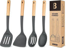 Silicone Cooking Utensils Set, Perfectly Angled for Frying, Mixing,Serving,Draining,Turning and Stirring, BPA-Free Matte Silicone, Wood Handles, Safe for Nonstick Cooking Surfaces,4 Pack (Grey) by CozyNest Decor