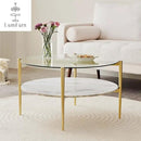 Round Coffee Table for Living Room, Mid-Century Modern Design, D30 x H17, 2-Tier Structure, Clear Glass Top and White Marble Finish Wood Shelf, Sleek Conical Metal Legs with Gold Finish Frame by CozyNest Decor
