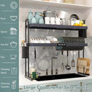 MAJALiS Over Sink Dish Drying Rack, Stainless Steel 2 Tier Large Dish Drainer Above Sink Adjustable 27.5" - 34.6", Expandable Kitchen Counter Organizer Storage Shelf with 6 Hooks by CozyNest Decor