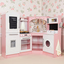 Large Wooden Corner Play Kitchen Sets with Ice Maker,Water Dispenser,Bread Maker,Washing Machine,Electronic Display,Toy Sink with Running Water,Stove with Light&Sounds, Birthday Gift for 3+ (Pink) by TinyTreasures Baby Boutique