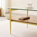 Oval Glass Coffee Table, Mid-Century Modern Design, L41 x W21 x H17 inch, for Living Room, 2-Tier Structure, Clear Glass Top and Walnut Finish Wood Shelf, Conical Legs with Gold Finish Frame by CozyNest Decor