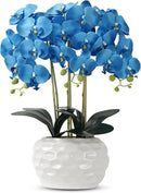 Orchid Artificial Flowers with White Vase Large Silk Faux Phalaenopsis Flowers for Dining Room Table Floral Centerpieces Indoor Decoration,Blue by CozyNest Decor