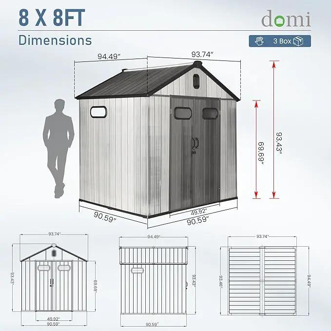 Domi 8x8 FT Outdoor Resin Storage Shed, All-Weather Double-Wall Storage Building for Backyard, Garden, Lawn Tools, Mower, Bike & Pool Equipment, Lockable Doors, Ventilated Roof, Grey, photo 3 of 9